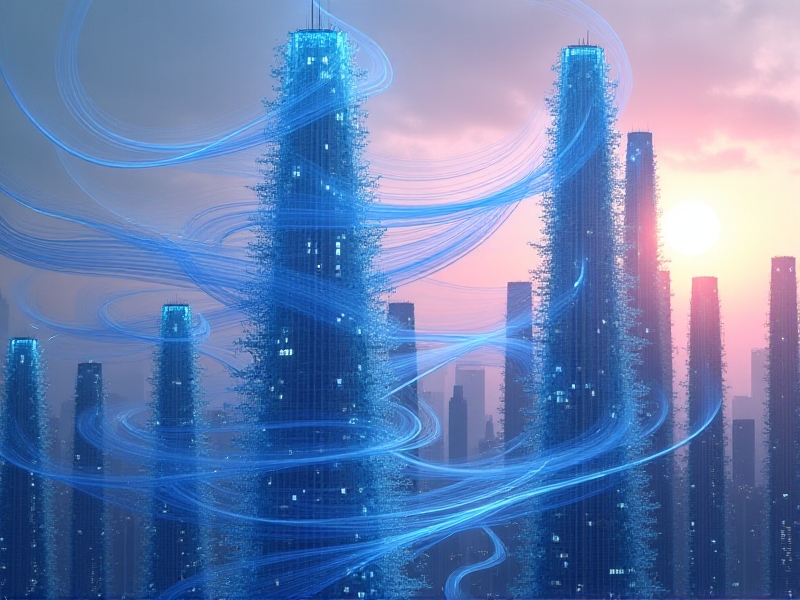 A 3D visualization of wind patterns around skyscrapers, depicted with flowing blue and white streaks representing air currents. The buildings are semi-transparent, revealing internal structures, set against a dusk sky with soft gradients of purple and amber. The style merges technical precision with artistic abstraction.