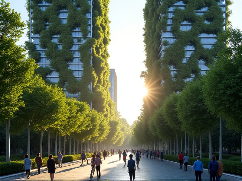 A pair of modern high-rise towers in Milan covered with lush greenery, including trees and shrubs cascading from balconies. Sunlight filters through the foliage, casting dappled shadows on the glass facade. The surrounding plaza features pedestrians and cyclists, emphasizing harmony between urban life and nature.
