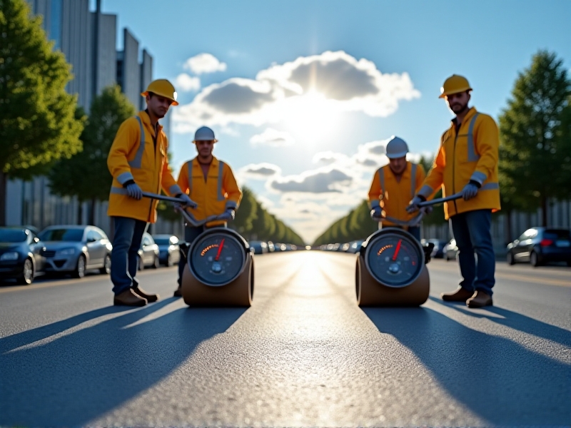Workers applying light-gray reflective coating to a sunlit urban street, with temperature gauges showing lower readings on the treated surface versus adjacent asphalt. The scene captures the contrast between traditional dark pavement and the new material, under a clear blue sky with scattered cumulus clouds.