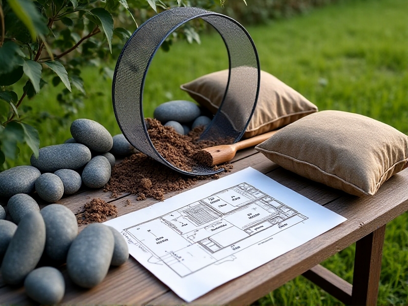 An organized assortment of materials for building a keyhole garden, including gray stones, galvanized wire mesh rolled into a cylinder, gardening gloves, a shovel, and bags of soil and compost. The items are laid out on a grassy backyard under soft morning light, with a sketched blueprint in the background showing measurements and layers.