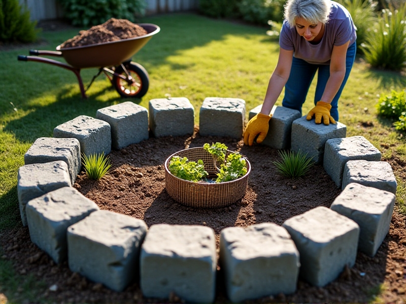 A mid-construction photo of a keyhole garden bed, showing partially stacked gray stone walls forming a circle around a central wire compost basket. Layers of cardboard, twigs, and soil are visible, with a gardener wearing gloves smoothing the soil. The scene is set in a sunny yard with a wheelbarrow and tools nearby, reflecting a hands-on DIY project.