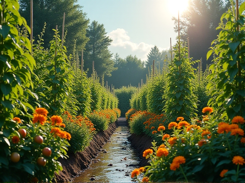 A vibrant, fully grown keyhole garden bed overflowing with ripe tomatoes, peppers, and marigolds. The circular stone walls are covered in creeping thyme, and the central compost basket is hidden beneath blooming nasturtiums. A rainbow forms in the background after a light rain, symbolizing abundance and eco-friendly gardening success.