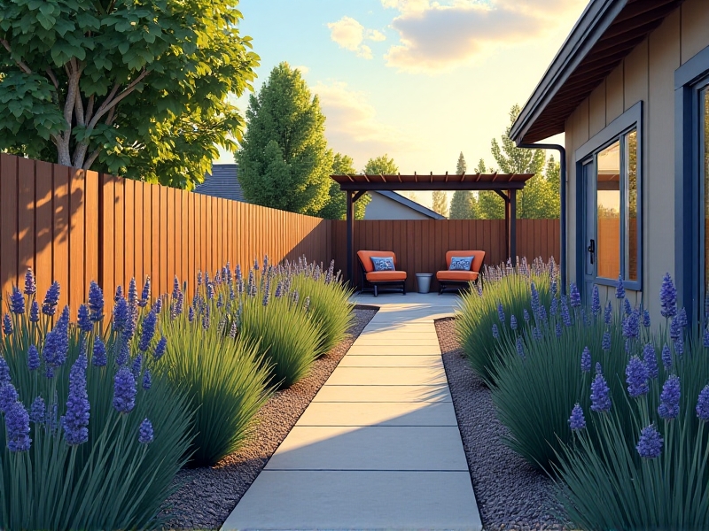 A compact suburban backyard with a narrow swale running parallel to a paved walkway. The swale is lined with drought-tolerant sedges and lavender, with a subtle berm edged in decorative gravel. Overhead, a rain gutter directs water into the swale during a light drizzle.