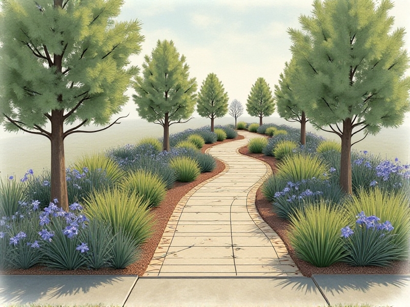 A detailed landscape blueprint overlain on a photo of a small lot, showing a meandering swale connecting a downspout to a rain garden. Annotations highlight measurements, slope angles, and plant placements like blue flag iris and creeping thyme.