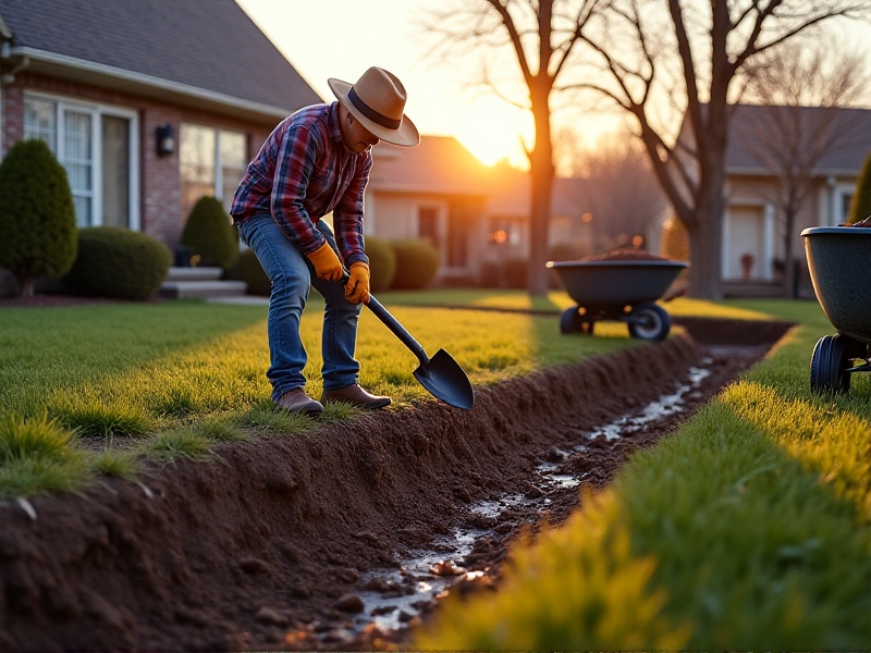 A homeowner in work gloves uses a shovel to shape a swale trench in a backyard. Soil is piled into a berm on the lower side, while a helper positions a perforated pipe near the swale’s entry point. Wheelbarrows and tools sit nearby on grass.