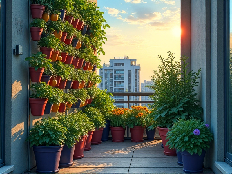 A small urban balcony transformed into a productive vertical food forest with colorful planters of tomatoes, basil, and marigolds, showcasing space-saving solutions and biodiversity.