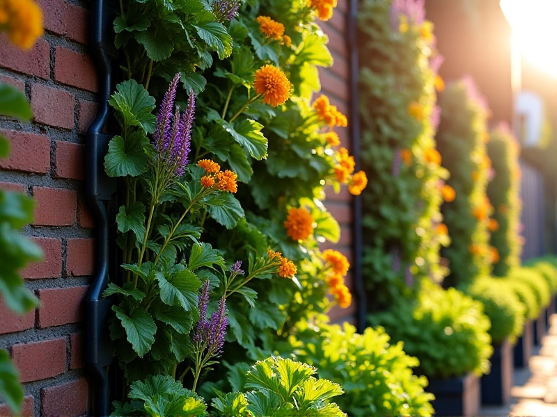 A sunlit brick wall supporting a vertical food forest with staggered planters of lettuce, chives, and nasturtiums, demonstrating optimal sunlight exposure and wind protection.