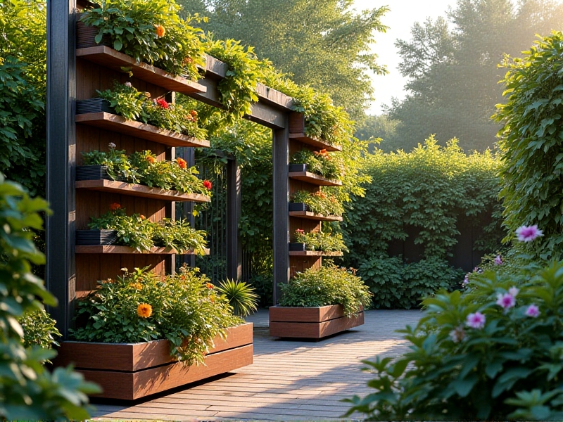A sturdy metal frame with wooden tiered planters hosting a mix of fruit bushes and flowering companions in a backyard vertical food forest, emphasizing durability and aesthetic design.