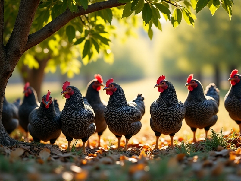 Twelve barred rock chickens forage beneath a fruit tree in dappled sunlight, their feathers glinting as they scratch through fallen leaves. The chicken tractor in the background has an open floor design, blending into an organic orchard landscape.