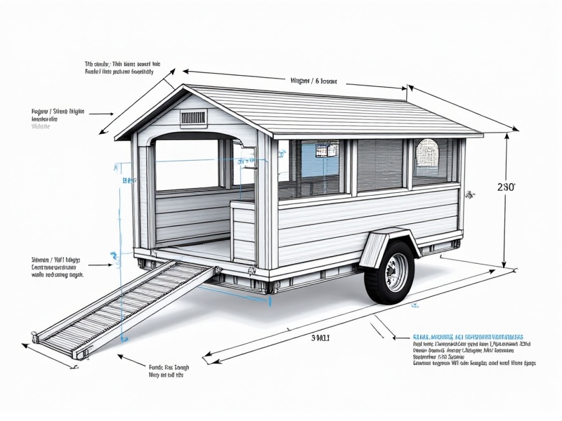 An annotated technical drawing of a chicken tractor shows dimensional details: 8'L x 4'W x 3'H frame with aluminum tubing, sliding roost bars, and a fold-down ramp. Blue arrows indicate ventilation zones near the roofline.