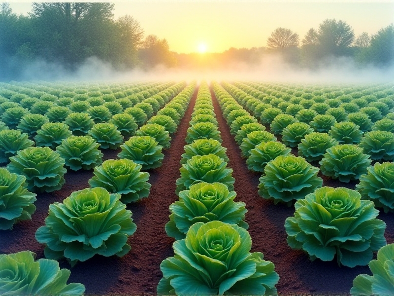 Overhead view of a market garden with chicken tractors aligned between raised beds of mature lettuces and young carrot seedlings. Tractor tires leave faint impressions in dark, crumbly soil as morning fog lifts over the field.