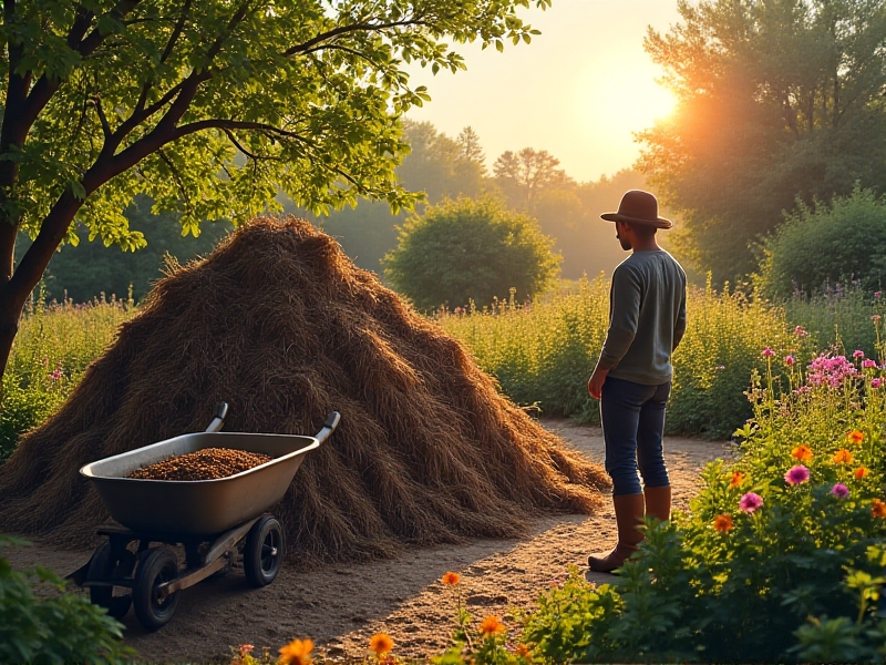 A gardener stacking logs, branches, and straw to build a hugelkultur mound in a sunny backyard, with a wheelbarrow of compost nearby and vibrant flower beds in the background.
