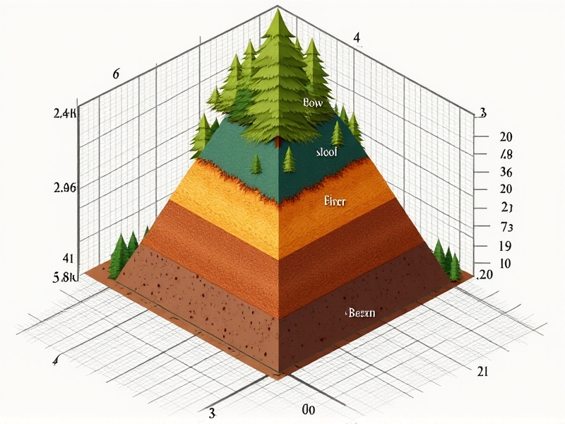 An infographic demonstrating hugelkultur volume calculations using a triangular prism diagram, with color-coded layers representing wood, biomass, and soil, set against a graph paper background.