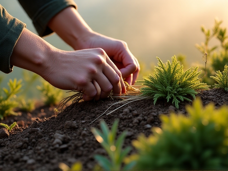 Close-up of a gardener’s hands layering straw over logs in a partially built hugelkultur mound, with a misty morning backdrop and dew on nearby plants.