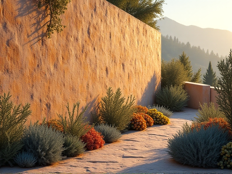 A weathered sandstone wall bordering a terraced garden, glowing amber in late afternoon light, with trailing rosemary and heat-loving succulents growing at its base, demonstrating thermal mass principles.