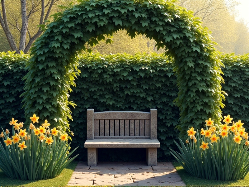 A semicircular hazel hurdle fence draped with evergreen clematis, creating a sheltered nook with a sunken stone bench and surrounding clusters of early-blooming daffodils, capturing wind protection strategies.