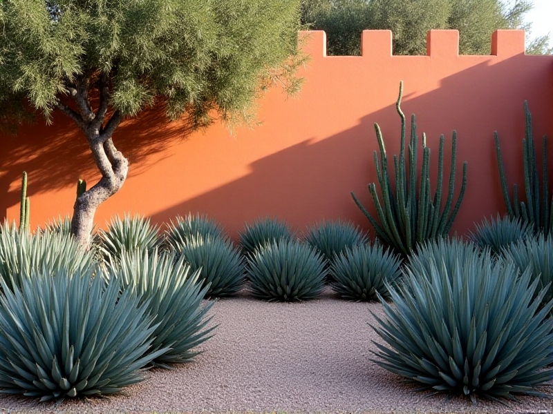 A vibrant tapestry of silver-leafed lavender, spiky agaves, and twisted olive trees growing against a terracotta wall, with morning sunlight casting long shadows across decorative gravel mulch.