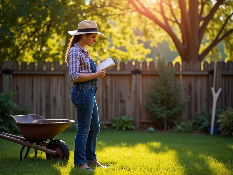 A gardener in a wide-brimmed hat stands in a grassy yard, holding a compass and notebook while evaluating a potential garden site. The background shows dappled sunlight filtering through mature trees, with a rustic wooden fence and well-draining soil underfoot. A shovel leans against a wheelbarrow nearby.