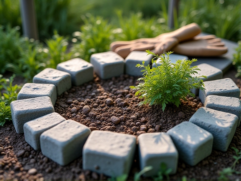 Close-up of a partially built spiral herb garden using irregular limestone rocks. The spiral’s outline is marked with twine and stakes, with a mix of gravel, compost, and topsoil layered between the stones. Gardening gloves and a trowel rest on a weathered wooden bench nearby.