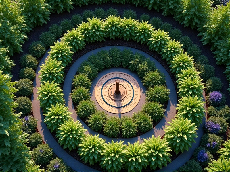 An aerial view of a completed spiral herb garden facing south, casting soft morning shadows. Sun-loving rosemary and lavender dominate the sunlit upper curves, while parsley and cilantro thrive in the shadier eastern quadrant. A sundial sits at the spiral’s center, surrounded by pollinators like bees and butterflies.