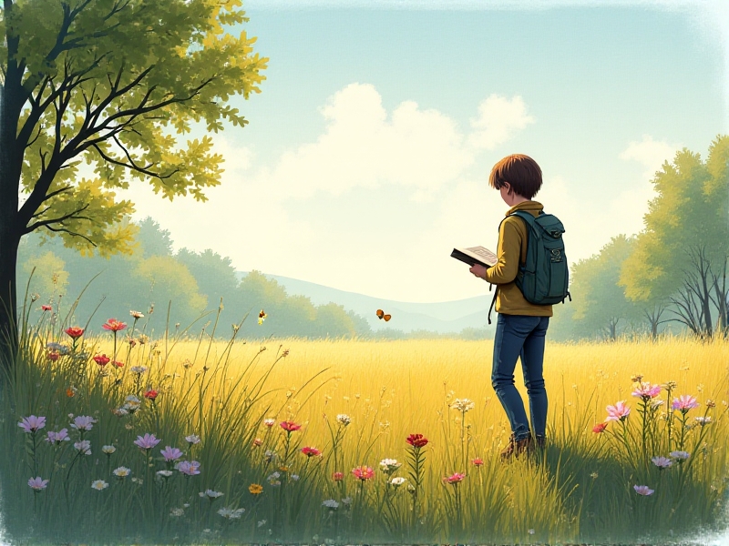 A naturalist evaluating a meadow with a soil probe and clipboard, surrounded by native grasses and wildflowers. Early morning light casts long shadows, highlighting dewdrops on spiderwebs. Illustration style combines technical diagrams with earthy watercolor textures.