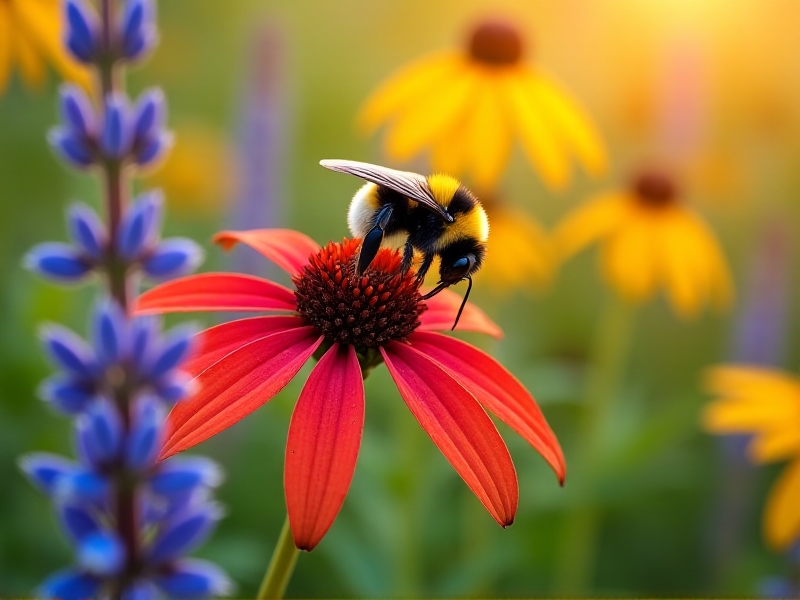 A layered garden with purple coneflowers, black-eyed Susans, and blue vervain blooming in summer. A bumblebee collects pollen from a red tubular beebalm flower. The scene uses a macro photography perspective with shallow depth of field, emphasizing texture and color gradients.