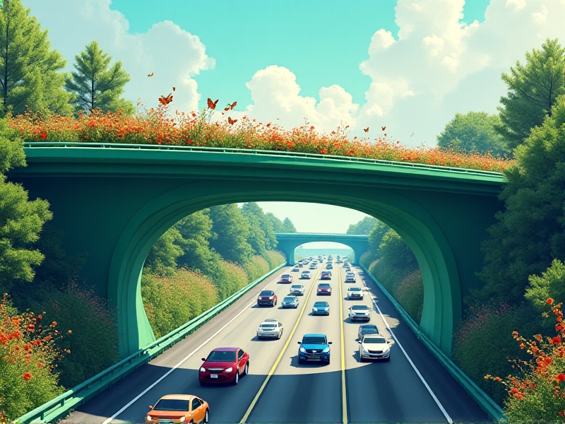 A futuristic green overpass spanning a busy highway, covered in wildflowers and milkweed. Swallowtail butterflies flutter above the traffic, while a hummingbird feeds on scarlet penstemon. Digital painting style with crisp lines and vibrant neon-pastel hues.