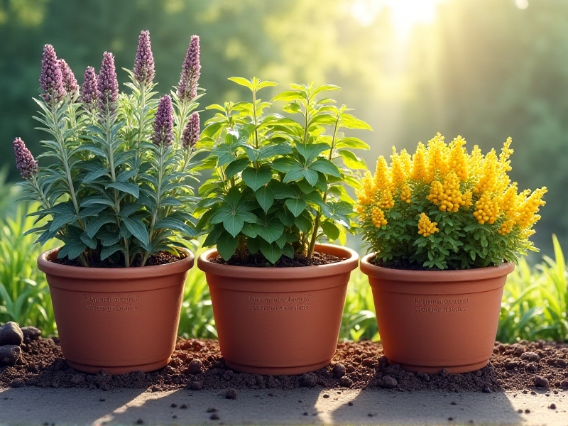 A curated selection of edible hedge plants in terracotta pots, labeled with botanical names. Varieties include thornless blackberries, variegated sage, and golden currants with vibrant yellow leaves. The image captures morning dew on foliage, soft focus on textured leaves and soil, emphasizing biodiversity and garden planning. Keywords: perennial shrubs, organic gardening, permaculture design.