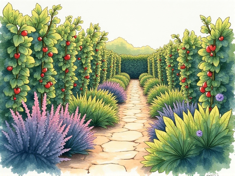 A hand-drawn garden design sketch showing an edible hedge layout with color-coded plant zones. Watercolor-style illustration includes curving pathways, trellised raspberries, and layered shrubs in shades of green, purple, and gold. Annotations note sun direction and harvest seasons. Keywords: garden design, permaculture planning, sustainable landscaping.