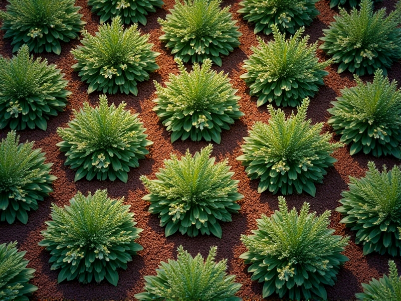 An aerial view of a geometric edible hedge in a hexagonal pattern, with rosemary, strawberry plants, and dwarf apple trees forming interconnected cells. Rich soil contrasts with mulch paths, and pollinators hover above blooming flowers. Soft sunlight enhances the symmetry and vibrant colors. Keywords: edible landscaping, organic garden design, sustainable agriculture.