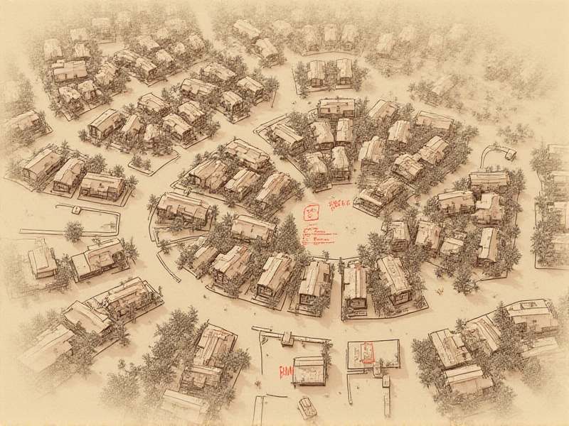 A hand-drawn map of a suburban property highlighting drainage areas with shaded zones and measurements, overlain with rain garden placement; sepia-toned paper texture, annotations in red ink, aerial perspective.