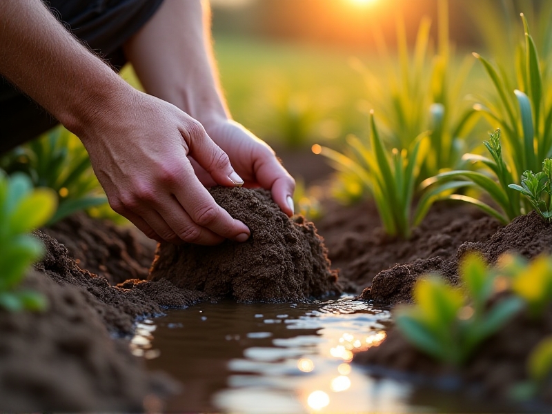 Close-up of a gardener’s hands testing soil percolation in a rain garden hole filled with water, sandy soil visible with roots and stones; golden hour lighting, shallow depth of field, realistic texture details.