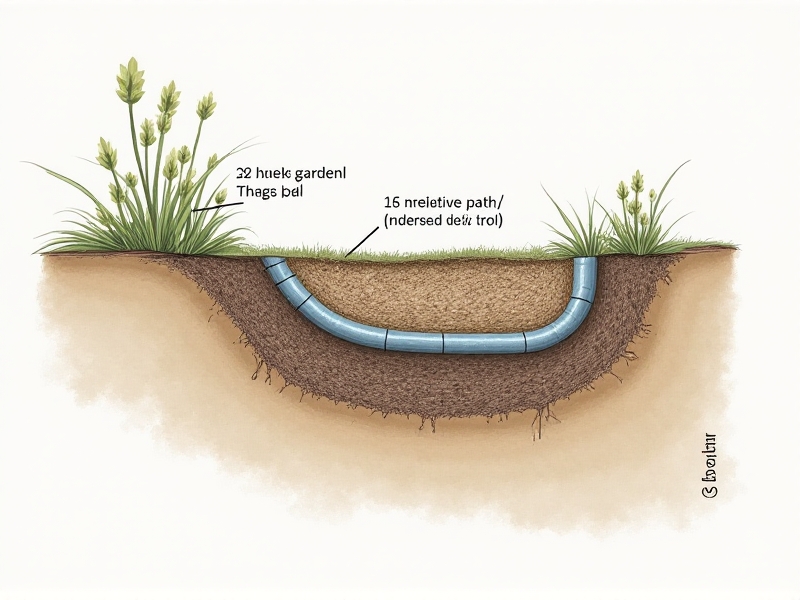 Cross-sectional diagram of a rain garden showing layers of mulch, amended soil, and underdrain pipes, with labels for berm and inflow path; technical illustration style, muted earth tones, side view cutaway.