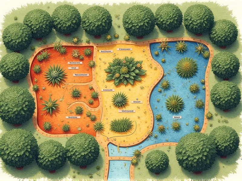 A hand-drawn permaculture blueprint of a 1/4-acre plot, showcasing color-coded zones with labeled guilds. Detailed annotations include plant spacing, sun arrows, and water flow lines, rendered in a rustic, earthy style with soft watercolor highlights.