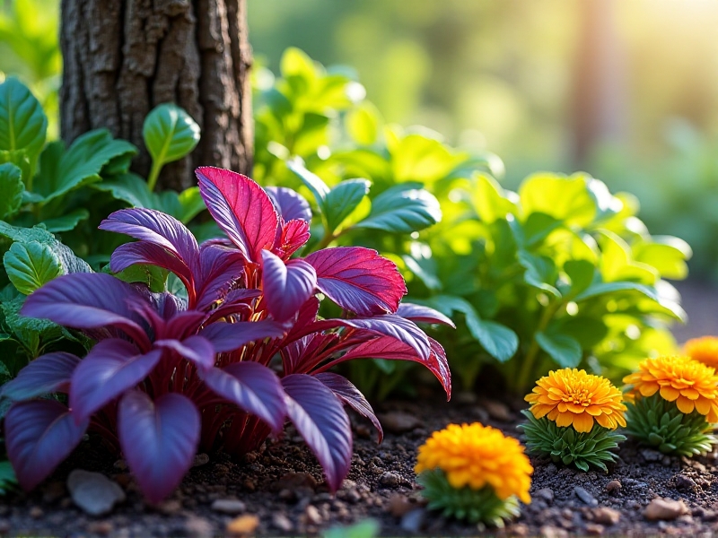 A close-up of a thriving plant guild with purple basil, red-stemmed chard, and yellow marigolds interplanted around a young pear tree. Sunlight filters through the tree’s leaves, casting dappled shadows on mulch-covered soil crawling with earthworms.