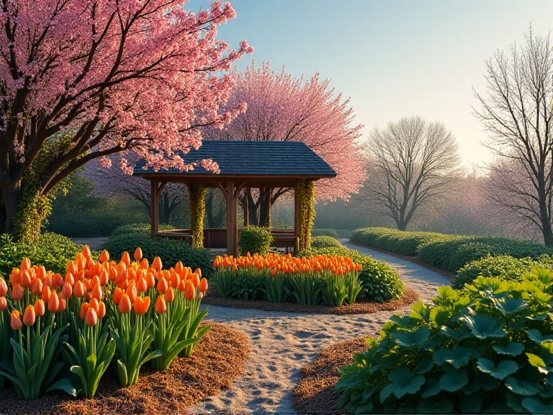 A time-lapse collage of a single guild across four seasons: spring blossoms on cherry trees with tulips, summer squash vines sprawling over straw mulch, autumn persimmons amid golden sunflowers, and winter kale surrounded by frost-dusted clover.