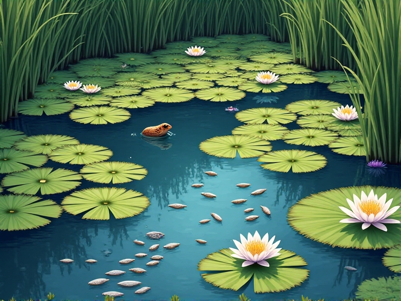 Close-up illustration of a duck pond’s edge showcasing vibrant green duckweed, blooming white water lilies, and a school of minnows swimming beneath. A frog perches on a lily pad, with reeds and cattails framing the background. The style is scientific yet artistic, with sharp focus on textures and natural hues.
