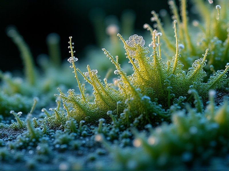 Microscopic view of pond water teeming with diverse microorganisms: green algae strands, translucent diatoms, and swirling bacteria. The image combines scientific accuracy with vivid colors, using a dark background to highlight intricate shapes and movements, evoking a hidden world critical to ecosystem health.