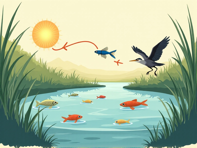 Illustrated diagram of a duck pond food web: arrows connect algae to tadpoles, insects to fish, and fish to a heron in flight. The style is educational, with soft earth tones and clean lines, set against a simplified pond landscape with reeds and open water.