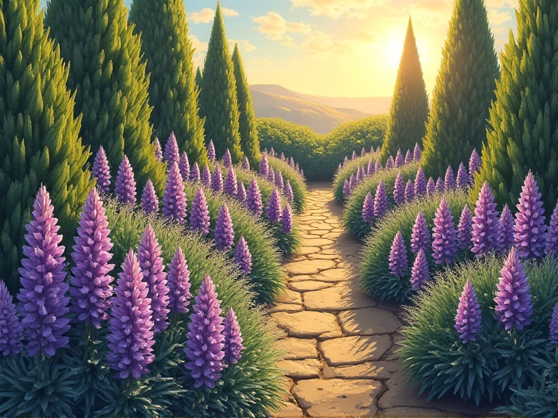 A tiered garden border with tall Jerusalem artichokes in the background, mid-height purple coneflowers, and creeping thyme at the front. Golden afternoon light casts long shadows, emphasizing texture and depth in a structured yet naturalistic layout.