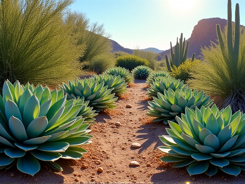 A sun-drenched garden in a dry climate featuring grey-green perennial kale, spiky nopales paddles, and sprawling sweet potato vines. The terracotta-colored soil and rocky mulch reflect heat, showcasing a water-wise edible landscape.
