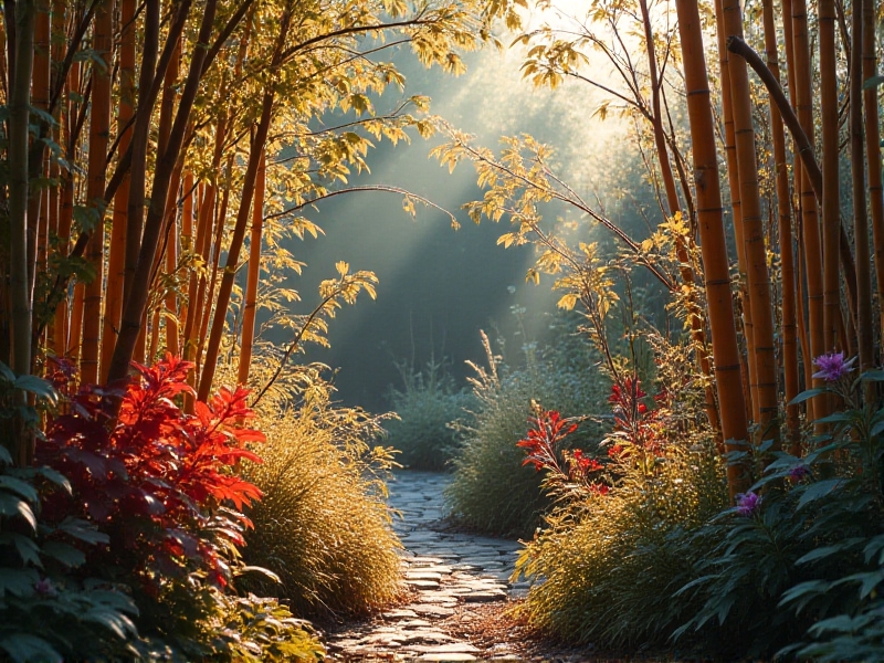 A garden bed with deep red rhubarb stalks, silvery sage bushes, and vertical bamboo trellises covered in bright red runner beans. Late autumn frost clings to textured leaves, creating a mosaic of warm and cool tones.