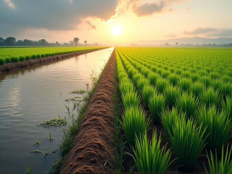 Split-image infographic contrasting a traditional flooded rice field with murky water against a micro-paddy’s neat grid of seedlings in moist soil. Earth tones dominate the left, while the right features vibrant greens and browns with detailed labels highlighting drainage channels and compost layers.