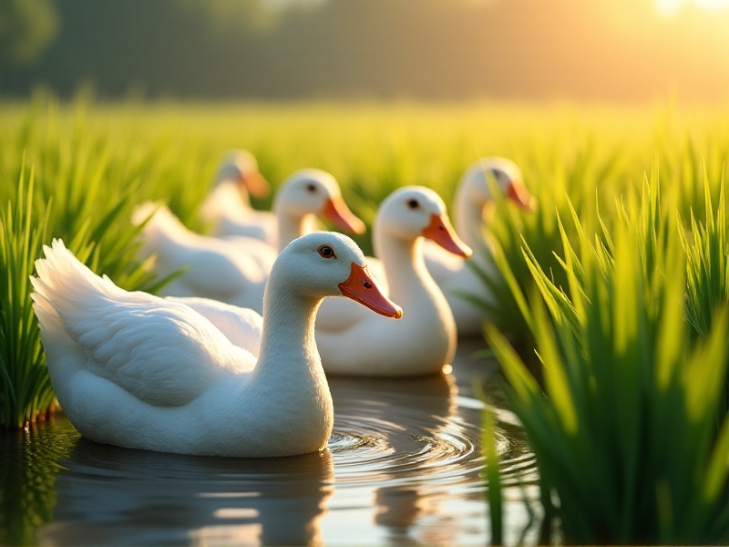 A flock of white ducks forage among lush rice plants in a micro-paddy, their feathers glinting under soft afternoon light. The image captures motion blur of ducks stirring water, with insects visible in the foreground—nature’s pest control in action.
