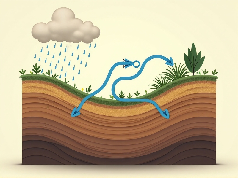 Technical illustration of a micro-paddy cross-section showing layered soil, buried clay pipes, and moisture sensors. Blue arrows depict capillary water movement, while a raincloud symbol feeds into a storage tank. Clean lines and earth-tone colors simplify complex hydrology.