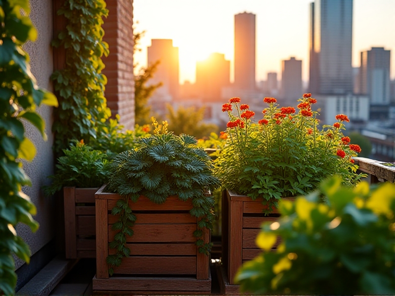 A sunny urban balcony with repurposed wooden crates converted into planters, bursting with kale, cherry tomatoes, and nasturtiums. Vertical trellises support climbing beans, while a rainwater catchment system sits beneath the railing. The cityscape backdrop contrasts with the vibrant greenery.