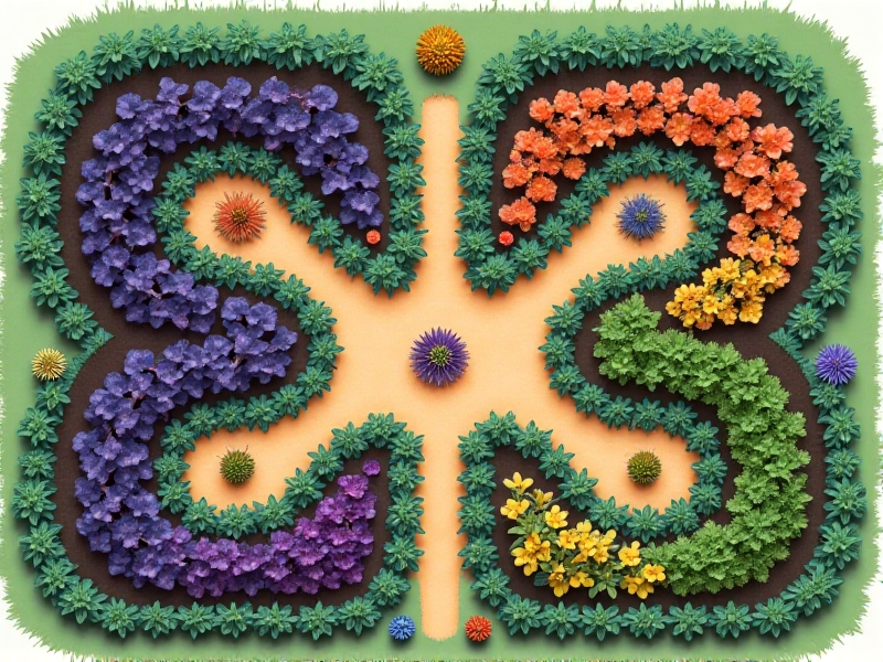 A color-coded garden plan diagram showing a 10x10 foot area divided into four keyhole-shaped beds with central compost stations. Plants are grouped by height and nutrient needs, with purple-shaded zones for nightshades and yellow areas for root vegetables. Arrows indicate sunlight direction.