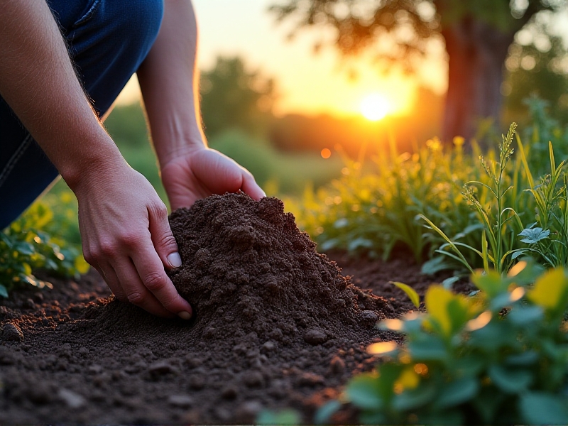 A gardener’s hands sifting through dark, crumbly soil rich with earthworms and organic matter. A weathered wooden compost bin sits in the background, overflowing with vegetable scraps and dry leaves. Sunlight filters through trees in a late afternoon setting.