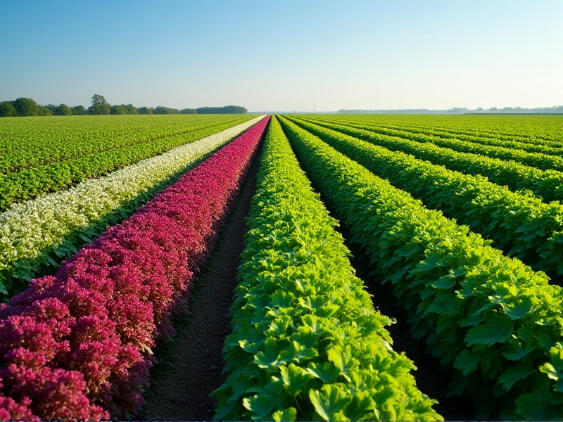 Aerial view of a small farm field with alternating rows of crimson clover, winter rye, and daikon radish in vibrant shades of green and white. The blend of species demonstrates crop diversity, regenerative farming practices, and seasonal planting under a clear blue sky.