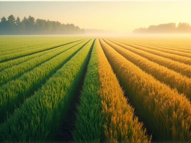 A split-season field showing summer sunn hemp on one side and winter rye on the other, illustrating seasonal crop rotation. The contrasting growth stages and textures emphasize adaptive farming strategies under changing weather conditions, with lush greenery against a partially harvested landscape.